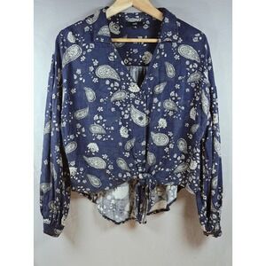 Fate Women's Paisley Print Tie Front Top Navy Blue Long Sleeve Size Medium